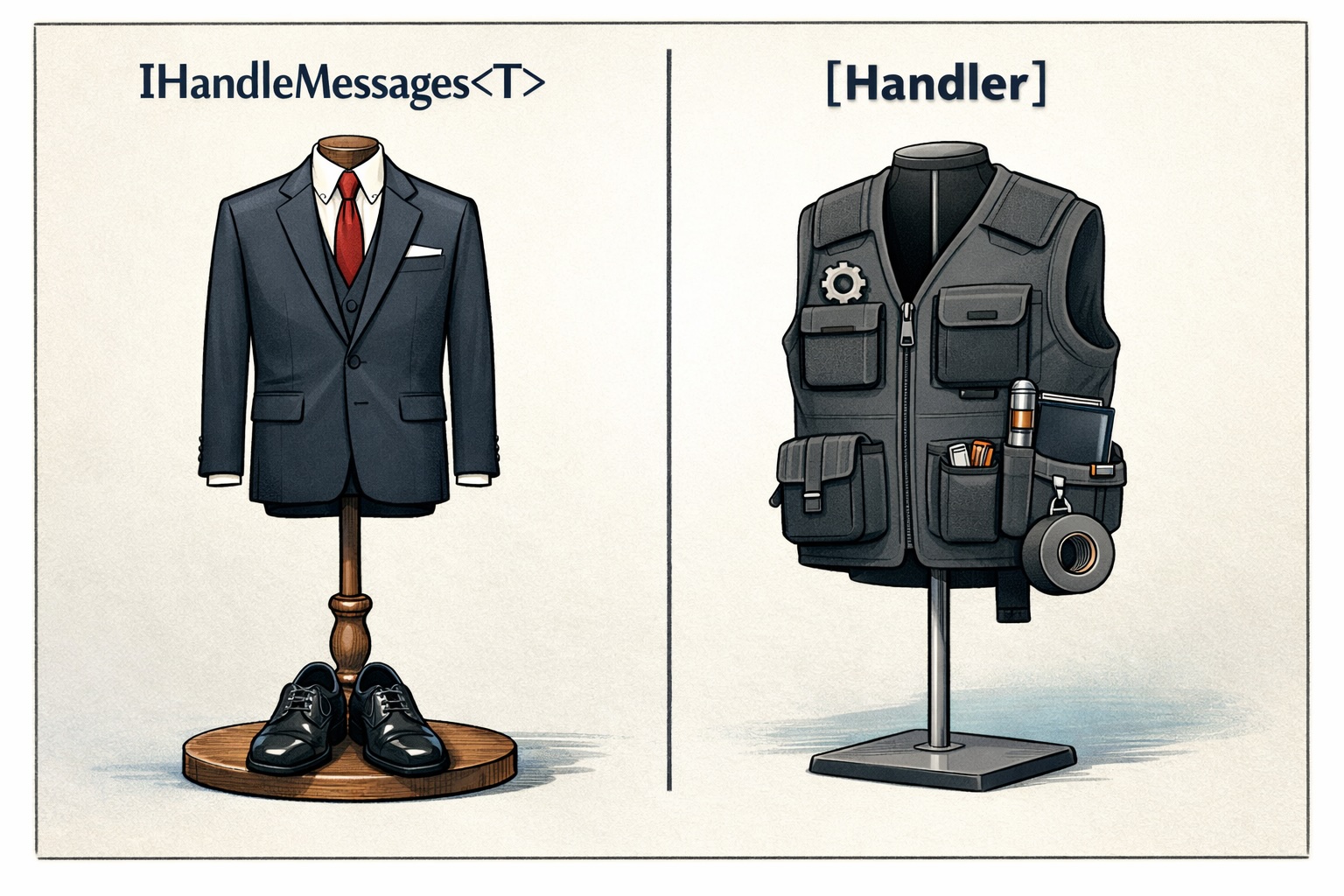 The suit coat, vest, shirt, and tie representing the ceremony and strict requirements of a message handler implementing IHandleMessages, while a utility jacket depicts the flexibility of new convention-based handlers.