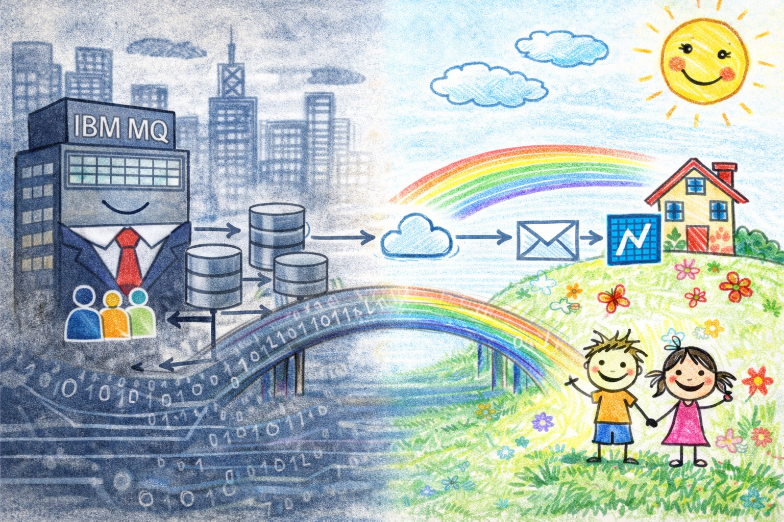 An illustration of enterprise messaging evolution. IBM MQ systems on the left connect through the cloud to NServiceBus on the right in a brighter, developer-friendly scene.