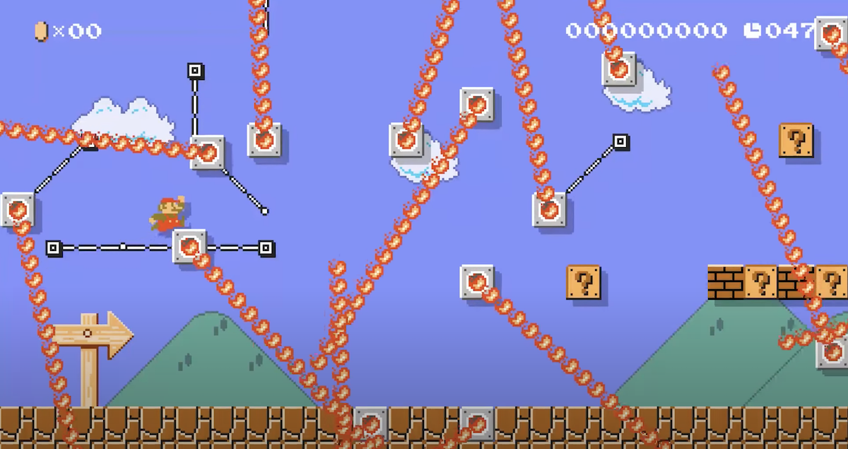 Screenshot of modified Super Mario Bros. level 1-1 with fire rods everywhere.