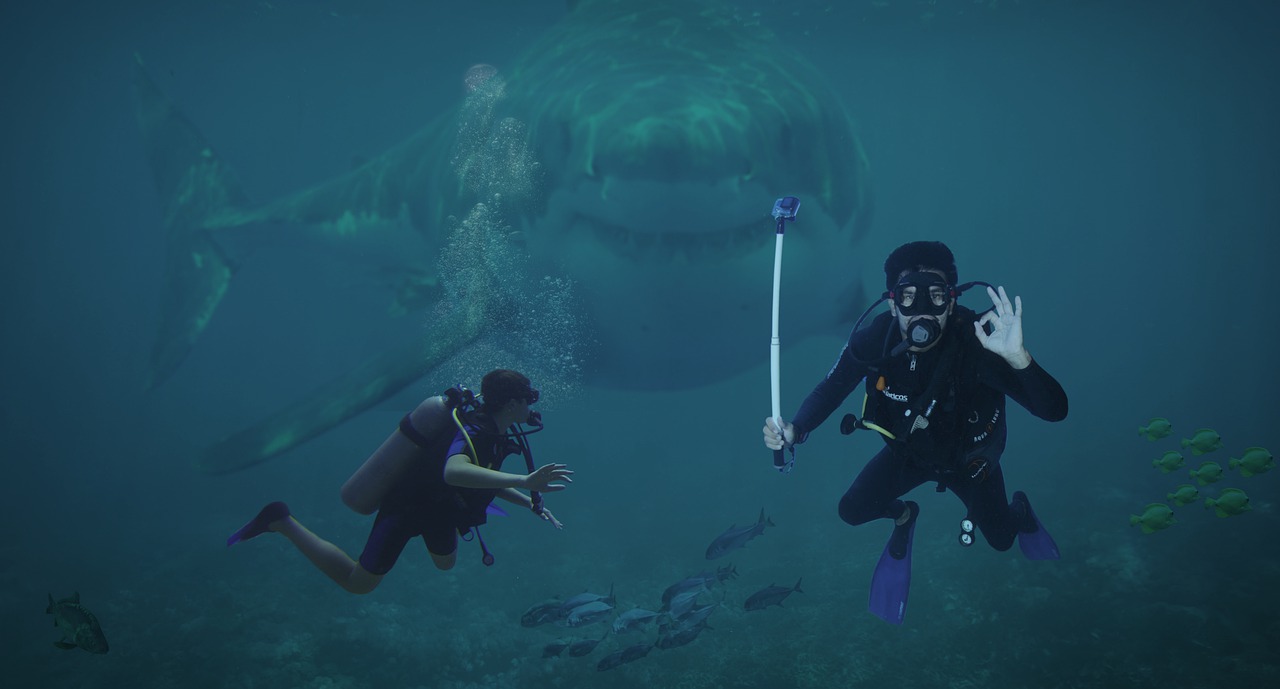 Divers in front of a gigantic shark